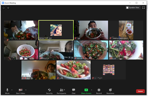 Zoom capture of 9 computer screens with youth and adults in SNAC Club showing the strawberry salads they each created at home.