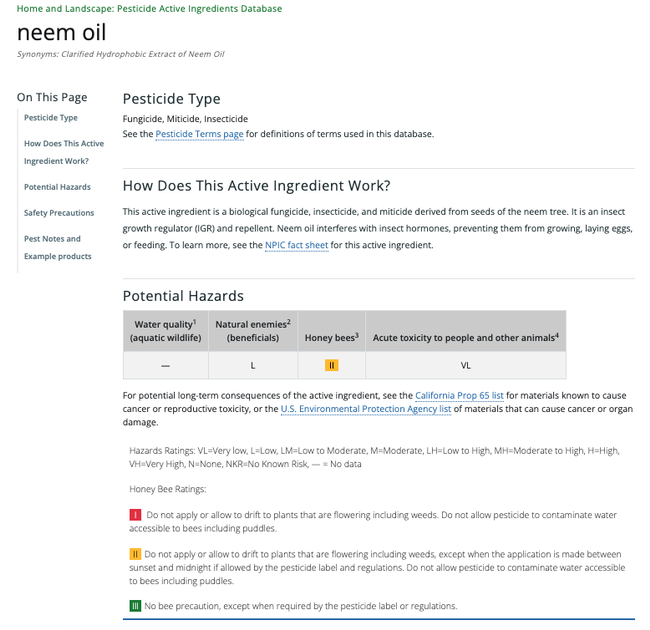 Information on the pesticide active ingredient neem oil. From the UC IPM Pesticide Active Ingredient Database.