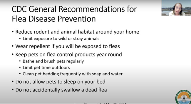 CDC General Recommendations for Flea Disease Prevention: reduce rodent and animal habitat around your home; limit exposure to wild or stray animals; wear repellent if you will be exposed to fleas; keep pets on flea control products year round; bathe and brush pets regularly; limit pet time outdoors; clean pet bedding frequently with soap and water; do not allow pets to sleep on your bed; do not accidentally swallow a dead flea.