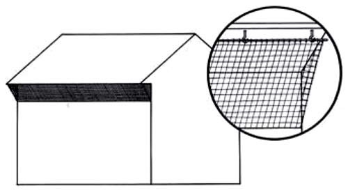 Figure 2. Netting can be mounted from the outer edge of the eaves down to the side of the building. Insert shows one method of attachment using hooks and wooden dowels.