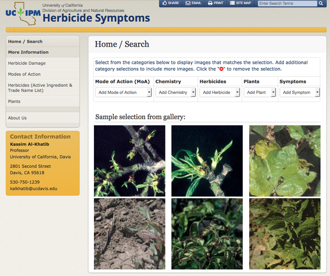 Repository home page. Users can search by by mode of action, herbicide chemistry, herbicide, plant, or damage symptoms.