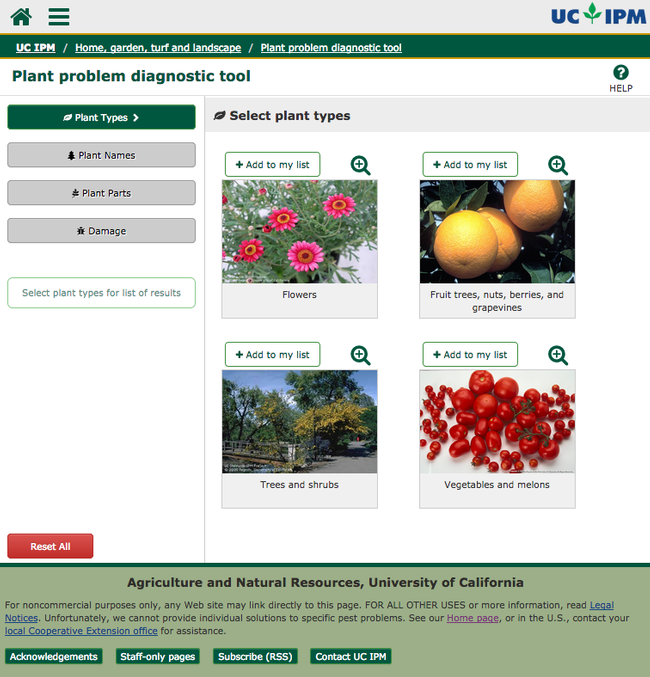 Plant problem diagnostic tool menu.