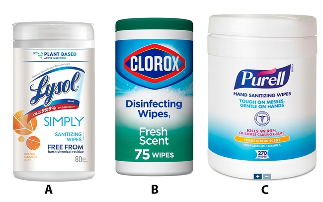 Three containers of different types of sanitizing and disinfecting wipes.