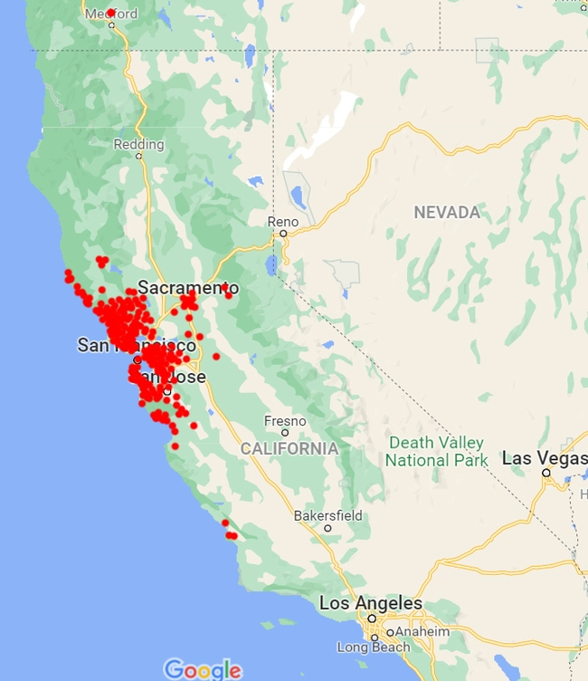 Figure 5. Map of California showing concentration of three-lined cockroach populations around the San Francisco Bay Area.