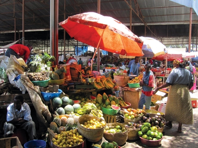 La sombra provee una manera simple de enfriar las frutas y verduras en un mercado en Tanzania. (Fotografía de Horticulture CRSP por Kent Bradford).