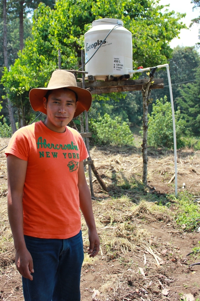 Miguel Isaías Sánchez usando el riego por goteo y una torre de agua e información ofrecida en entrenamientos de MásRiego. (Fotografía de Beth Mitcham).