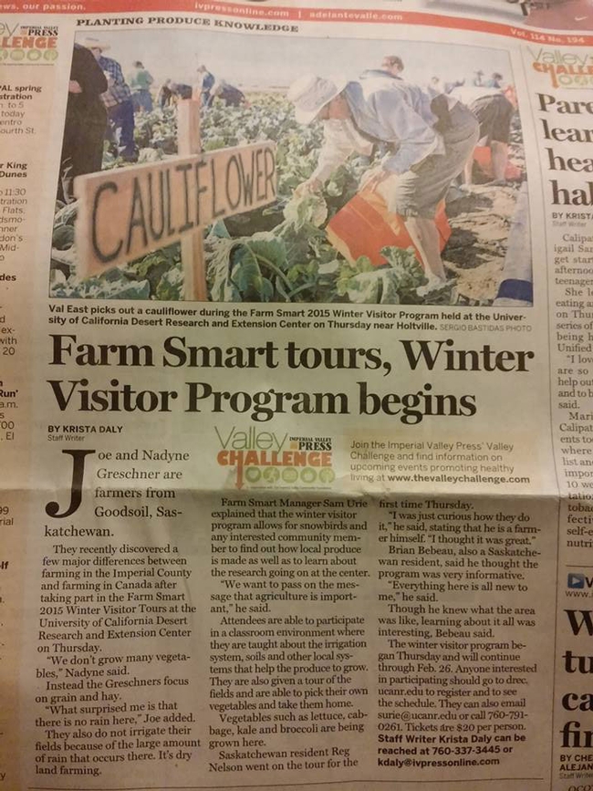 The UC Desert REC's FARM SMART program graces the front page of the Imperial Valley Press.