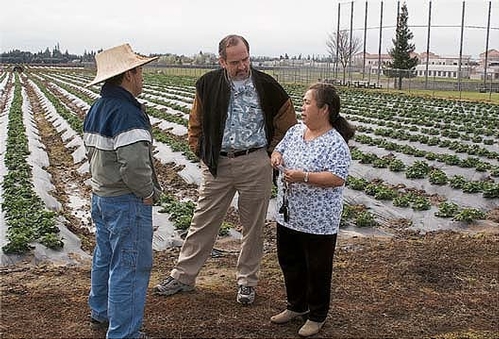 Michael Yang, left, and Richard Molinar, center, talk to a Southeast Asian farmer.