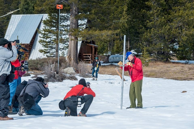 Sate officials measure the scant snowpack east of Sacramento Jan. 29, 2015. (Photo: <a href=http://www.water.ca.gov/news/newsreleases/2015/012915snowpack.pdf>Florence Low, CDWR</a>)