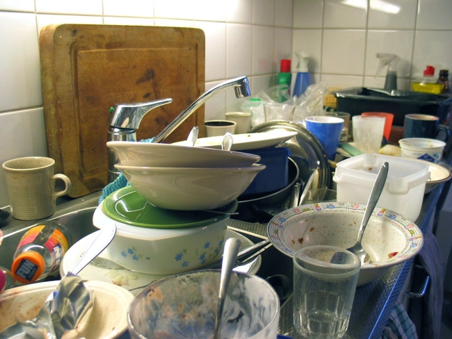 UC researcher Mark Lubell uses dirty dishes in a shared kitchen as an example of how one person's decisions impacts others.