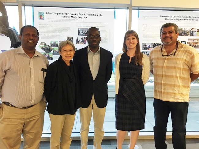 GFI fellows discussed future food systems with UCCE advisors. From left to right: Oli Bachie (Imperial County); Chutima Ganthavorn, (Riverside and San Bernardino); Laurent Ahiablame, (San Diego); Natalie Price (Los Angeles) and Ramiro Lobo (San Diego)