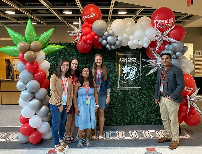 The UC Davis Shahid Siddique lab excelled at the international Society of Nematologists' 62nd annual meeting, held in Columbus, Ohio. Pictured with Siddique are doctoral students in his lab. From left are Ching-Jung Lin, Veronica Casey, Pallavi Shakya and Alison Coomer Blundell, all award winners.