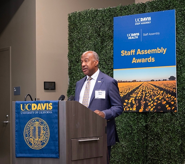 UC Davis Chancellor Gary May praises the awardees. 