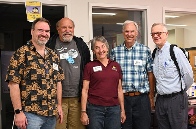 Scientists at the Bohart open house included (from left)  medical entomologist-geneticist Geoffrey Attardo, forensic entomologist Robert Kimsey, and Bohart director Lynn Kimsey, all of the UC Davis Department of Entomology and Nematology faculty; California Department of Food and Agriculture retiree Mike Pitcairn; and UC Davis distinguished professor Walter Leal, former chair of the Entomology Department. (Photo by Kathy Keatley Garvey)