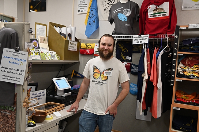 Brennen Dyer, the Bohart Museum's collection manager, wearing a monarch t-shirt from the gift shop. (Photo by Kathy Keatley Garvey)