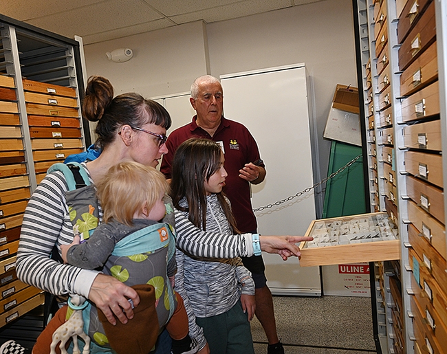 Entomologist Jeff Smith, curator of the lepidoptera collection at the Bohart Museum of Entomology, chats with Sacramento residents Skylan Potter, 11, and her mother, Camille Potter, holding son, Kehlan.  (Photo by Kathy Keatley Garvey)