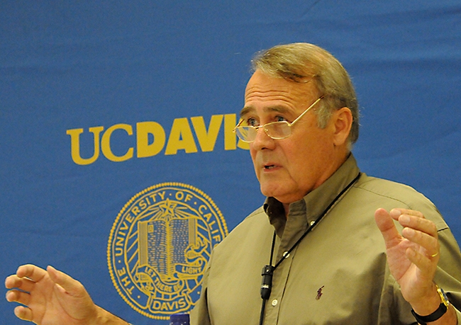 UC Davis distinguished professor James R. Carey delivering a speech in 2009. (Photo by Kathy Keatley Garvey)