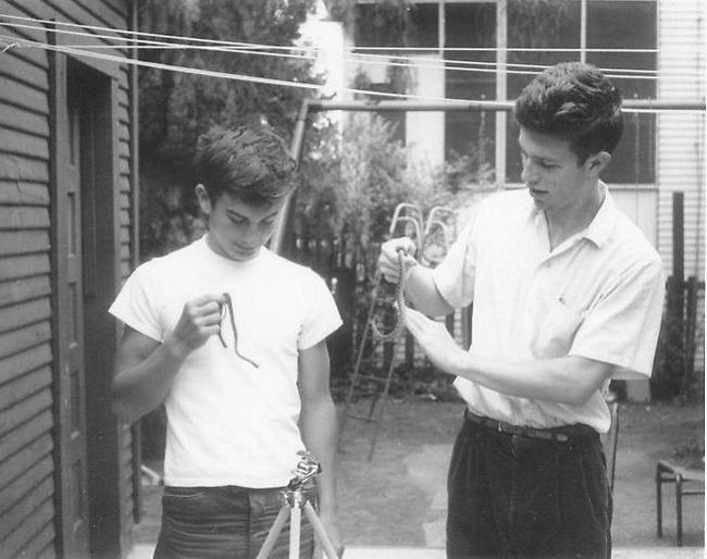 Childhood days. John De Benedictus (left) holds what appears to be a young blue racer while his brother, Paul appears to be holding a gopher snake, both likely collected in the Berkeley hills.  The image may have been taken in 1955. 