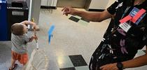 Braden Nguyen, 3, of Davis, stretches to net a paper butterfly tossed by UC Davis doctoral student Christofer Brothers at the Bohart Museum of Entomology open house. (Photo by Kathy Keatley Garvey) for Bug Squad Blog