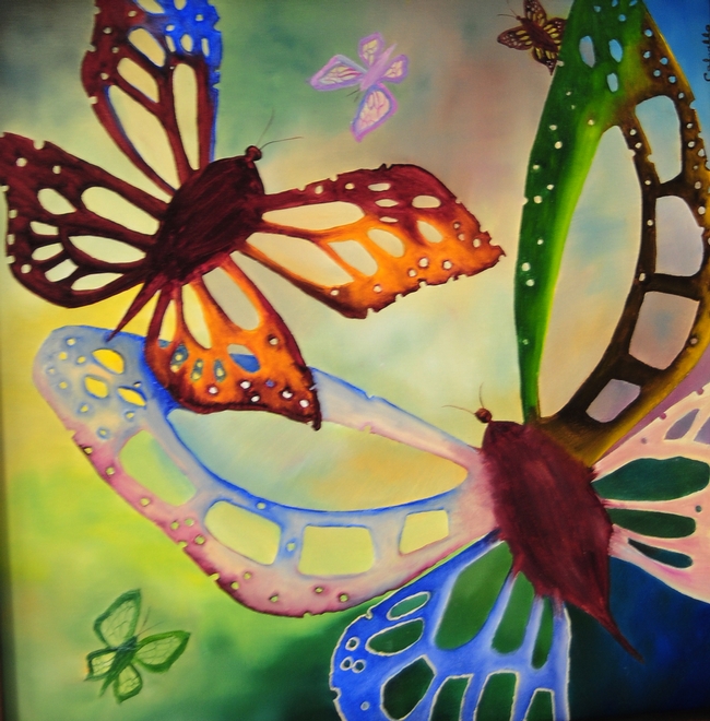 This butterfly painting, in the Fine Arts and Photography Building is the work of retired teacher Ethel Calvello of Dixon. (Photo by Kathy Keatley Garvey)