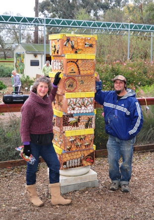 Professional ceramic mosaic artist Mark Rivera with entomologist/artist Diane Ullman. (Photo by Kathy Keatley Garvey)