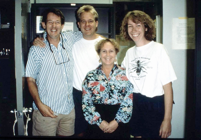 Kelli Hoover (front center) received her doctorate from the UC Davis Department of Entomology in 1997. She's shown here in 1993 with (from left) major prin 19ofessor Sean Duffey (1943-1997), Billy McCutchen and Bryony Bonning. (Courtesy Photo)