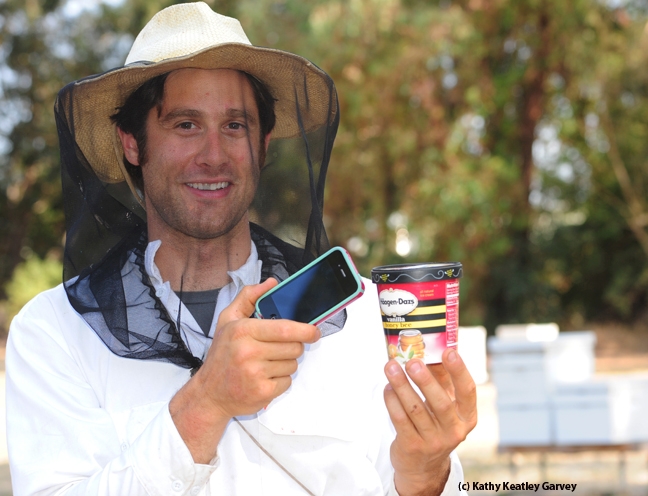 Beekeeper Billy Synk, manager of the Harry H. Laidlaw Jr. Honey Bee Research Facility, demonstrates the Haagen-Dazs Concerto Timer with a cell phone and ice cream carton. (Photo by Kathy Keatley Garvey)