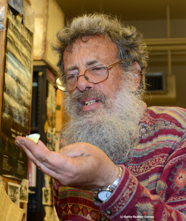 Professor Art Shapiro with his newly netted cabbage white butterfly. (Photo by Kathy Keatley Garvey)