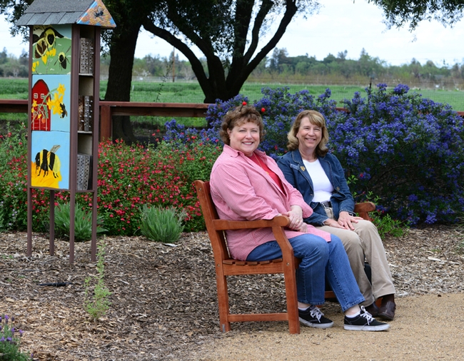 Debra Jamison (left), state regent, and Gayle Mooney, state treasurer, share a bench that the California State Society of the Daughters of the American Revolution purchased for the UC Davis bee garden.