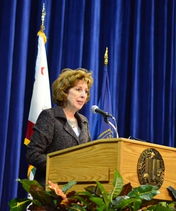 Chancellor Linda P.B. Katehi addresses the crowd. (Photo by Kathy Keatley Garvey)