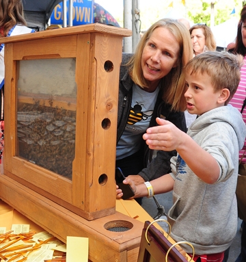 Beekeeper Wendy Mather talks bees with Sam Blincoe, 8, of Sacramento. (Photo by Kathy Keatley Garvey)