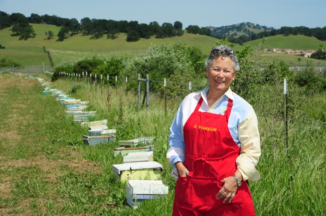 Ann Sievers stands by her bees, a new addition to  IL Fiorello. This week is National Pollinator Week. (Photo by Kathy Keatley Garvey)