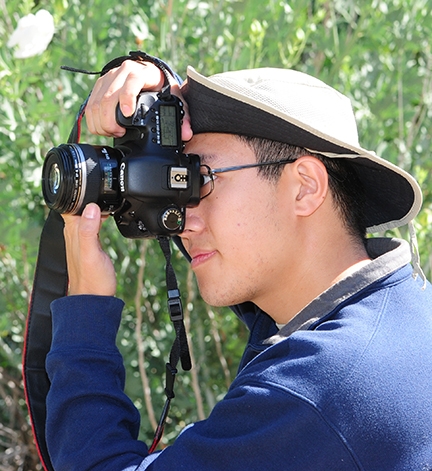 Alex Nguyen of UC Davis, who attended BugShot Hastings, focuses his camera. He is a 2015 alumnus of UC Davis with a bachelor's degree in entomology.   (Photo by Kathy Keatley Garvey)