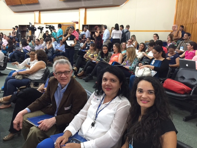 UC Davis chemical ecologist and mosquito researcher Walter Leal (front), is attending the Zika conference in Recife, Brazil. In this image, taken March 2, he confers with mosquito researchers Constancia Ayres (far right, in black) and  Rosângela Barbosa (center) of the Ayres lab. The Leal lab collaborates with the Ayres lab.