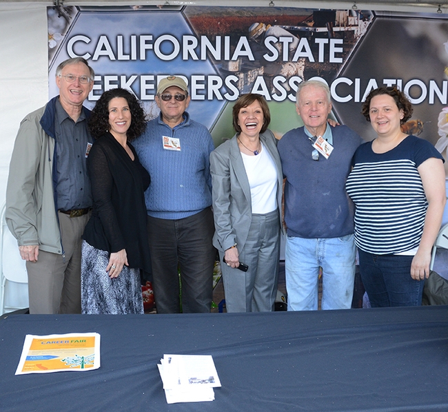 Point players in the bee industry gather for a photo. From left are Extension apiculturist Eric Mussen, CSBA lobbyist Holly Fraumeni, Carlin Jupe of the CSBA; Secretary of Agriculture Karen Ross, Bill Cervenka of the CSBA and Extension apiculturist Elina Niño. (Photo by Kathy Keatley Garvey)