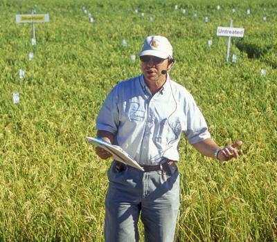 Extension entomologist Larry Godfrey speaking at a research field tour at a recent California Rice Field Day. (UC Davis photo by John Stumbos)
