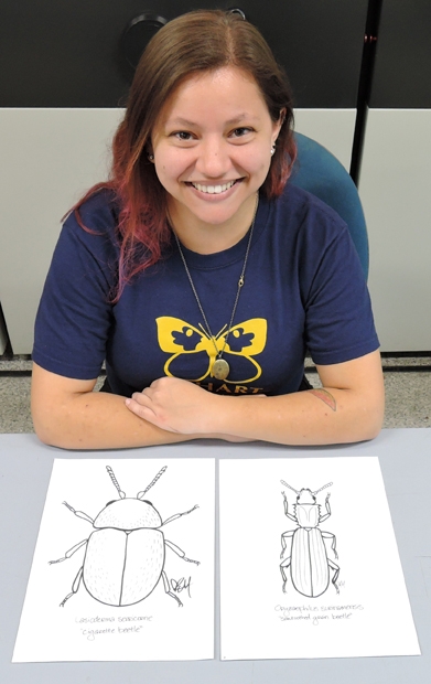 UC Davis entomology major Karissa Merritt had drawn these illustrations of sawtoothed grain beetle and a cigarette beetle for the children's arts and crafts activity.  A senior, she is from Canyon Country, Los Angeles County. (Photo by Kathy Keatley Garvey)
