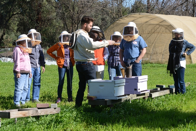 Charley Nye (center) teaching a beekeeping course at the Harry H. Laidlaw Jr. Honey Bee Research Facility, UC Davis. (Photo by Kathy Keatley Garvey)