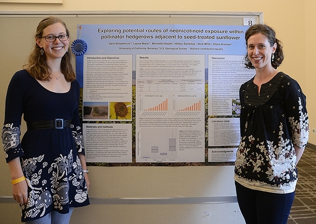 The 2016 winners of the Graduate Student Poster were UC Berkeley graduate students Sara Winsemius (left) and Laura Ward for their project on neonicotinoids. (Photo by Kathy Keatley Garvey)