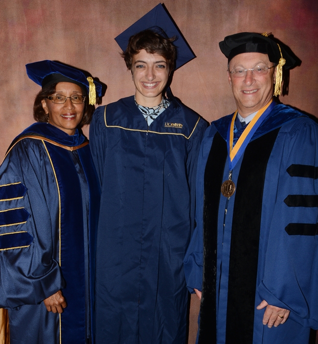 Student speaker Hannah Trumbull is flanked by Helene Dillard, dean of the UC Davis College of Agricultural and Environmental Sciences, and UC Davis Provost and Executive Vice Chancellor Ralph Hexter.