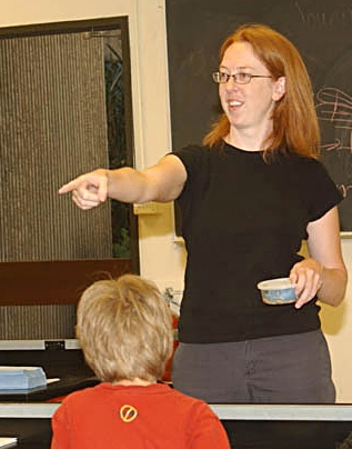 Forensic entomologist Rebecca O'Flaherty answering questions from a class. (Photo by Kathy Keatley Garvey)