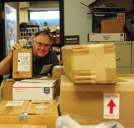 The office suite of WAS President Eric Mussen is filled with boxes in preparation for the WAS conference Sept. 5-8 at UC Davis. (Photo by Kathy Keatley Garvey)