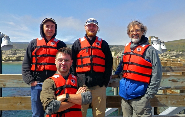 Brendon Boudinot (front) with fellow myremcologists at a 2014 National Geographic expedition to Santa Rosa Island, led by David Holway and Phil Ward. In back (from left) are  researchers Matt Prebus, Marek Borowiec and their major professor Phil Ward. Prebus, a doctoral candidate, will be giving his exit seminar this spring. Borowiec is now a postdoctoral researcher at Arizona State University.