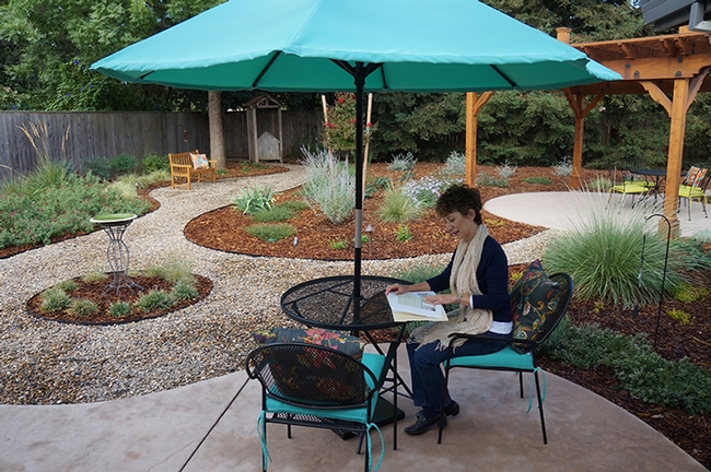 Plant and insect enthusiast Ria de Grassi of Davis, a UC Davis alumna, reads in her newly landscaped backyard, a 