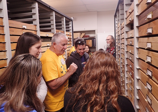 Entomologist Jeff Smith, who curates the butterfly/moth collection at the Bohart, eagerly talks about the collection. (Photo by Kathy Keatley Garvey)