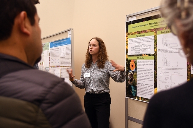 UC Davis doctoral student Maureen Page tells judges that honey bees may have negative impacts on native bees and native plant communities in certain contexts. (Photo by Kathy Keatley Garvey)