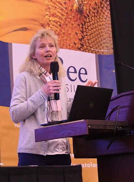 World-class pollinator garden designer and author Kate Frey addresses the fourth annual UC Davis Bee Symposium. (Photo by Kathy Keatley Garvey)