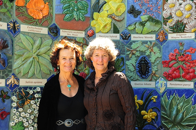 Co-founders and co-directors of the UC Davis Art/Science Fusion Program are noted ceramic mosaic artist Donna Billick (left) and UC Davis entomologist/artist Diane Ullman. They are standing in front of Nature's Gallery, UC Davis Arboretum. (Photo by Kathy Keatley Garvey)