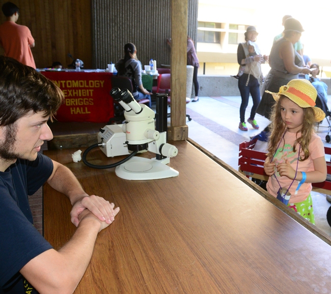 Lilliana Philips, 5, of Carmichael, listens intently as Bug Doctor Zachary Griebenow answers her question: 