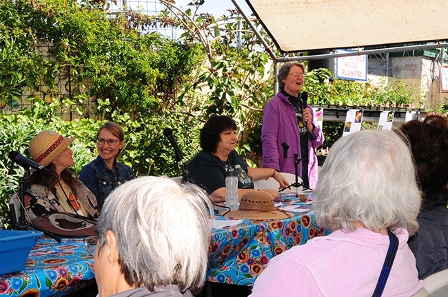 Entomologist and author Sal Levinson speaks at the inaugural Butterfly Summit. Seated next to her is Tora Rocha, founder of the Pollinator Posse. (Photo by Kathy Keatley Garvey)